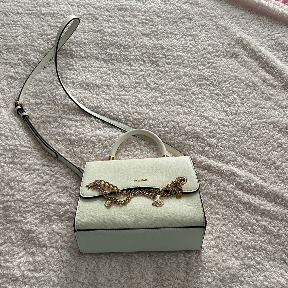 Aldo Cream Structured Top-Handle Crossbody with Gold Chain